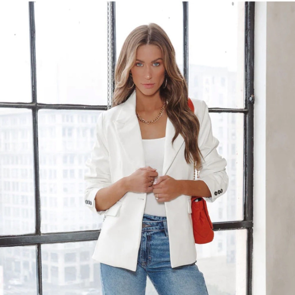 Faux Leather Pocketed Blazer - White